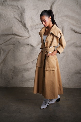 Long beige trench coat