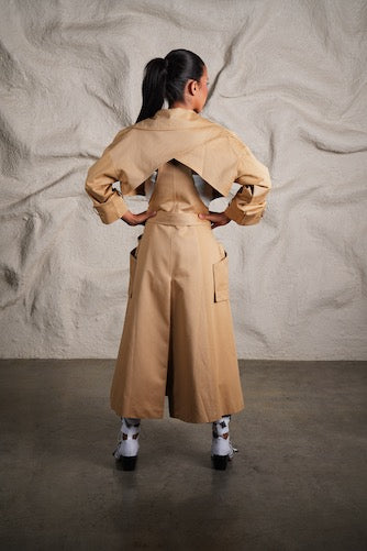 Long beige trench coat