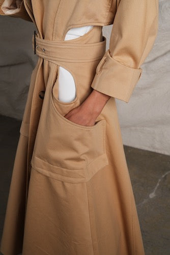 Long beige trench coat